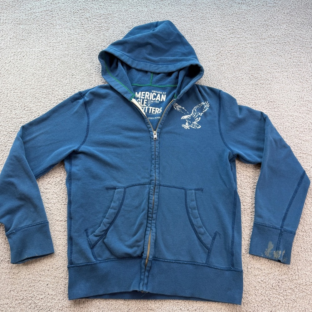 American Eagle Outfitters Mens Blue Full Zip Hoodie Eagle Logo Vintage Fit Large